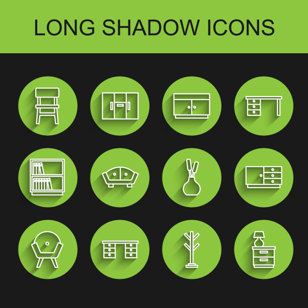 设置线扶手椅，办公桌，椅子，衣帽架，家具床头柜与灯，沙发，衣柜抽屉和花瓶图标。向量图片下载