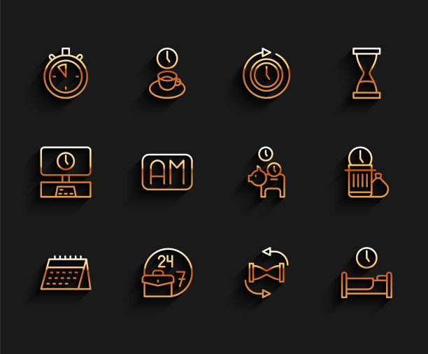 设置行日历，总是忙，秒表，旧沙漏与沙子，时间睡眠，早上的时间，浪费和存钱罐硬币图标。向量图片下载