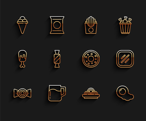 套装糖果，木制啤酒杯，华夫蛋筒冰淇淋，亚洲面条碗，炒鸡蛋，牛排肉和甜甜圈图标。向量图片下载