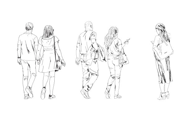 穿着便服行走的人的素描。人们提着包走路，情侣牵着手，女士用手机图片下载