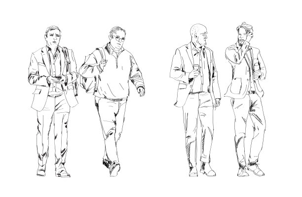 西装革履的商务人士走在城市里。素描，一组说话、走路、用手机的人图片下载