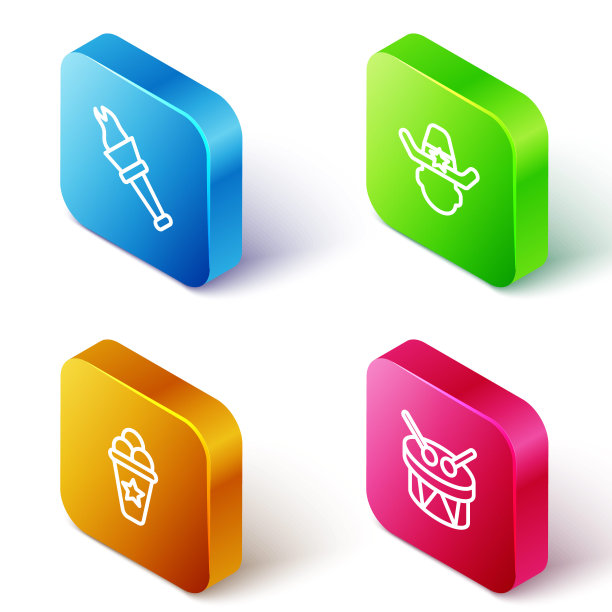 设置等距线火炬火焰，警长牛仔，冰淇淋在华夫蛋筒和鼓和鼓棒图标。向量图片下载