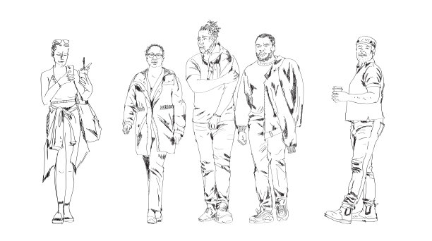 行人的素描，年轻的男人和女人在便服走在城市图片下载