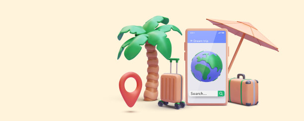 旅游和旅游概念在3d现实风格的电话，地球，手提箱，雨伞，棕榈树，指针。矢量图图片下载