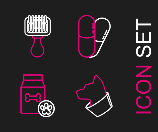 集线猫，食品袋宠物，狗和药丸和头发刷狗猫图标。向量图片下载