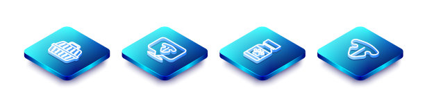 设置等距线宠物手提箱，猫鼻子，药瓶和药丸和图标。向量图片下载