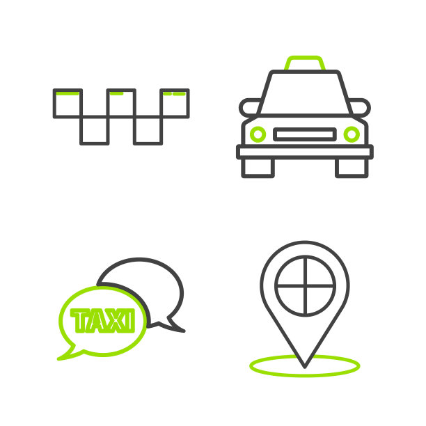设置线地图指针与出租车，出租车呼叫电话服务，汽车和屋顶图标。向量图片下载