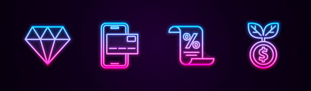 设置钻石，手机银行，金融文件和美元工厂。发光的霓虹灯图标。向量图片下载