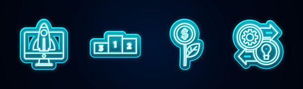 设置线启动项目概念，业务平台，美元工厂和人力资源。发光的霓虹灯图标。向量图片下载