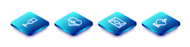 设置等距线酒杯，心率，信封与情人节的心和瓶爱情药水图标。向量图片下载