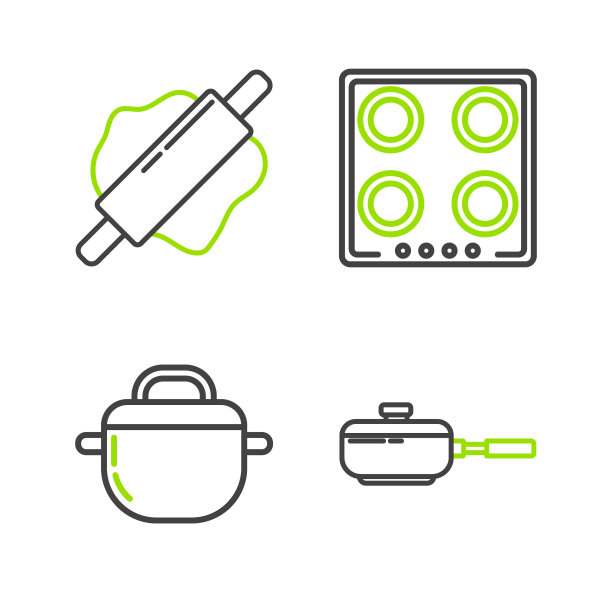 设置线煎锅，烹饪锅，煤气炉和擀面杖图标。向量图片下载