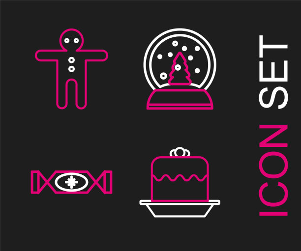 集线蛋糕，糖果，圣诞雪球和节日姜饼人饼干图标。向量图片下载