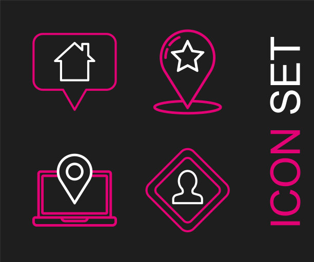 设置线道路交通标志，笔记本电脑与位置标记，地图指针星和房子图标。向量图片下载