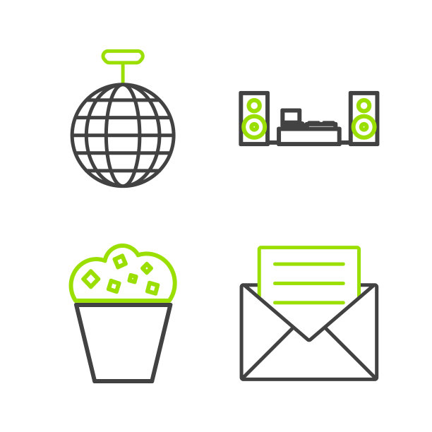 设置线信封与邀请卡，爆米花纸盒，家庭音响两个扬声器和迪斯科球图标。向量图片下载