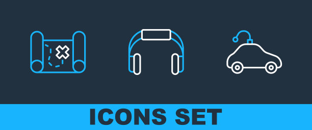 设定线无线电控制汽车玩具，海盗藏宝图和耳机图标。向量图片下载