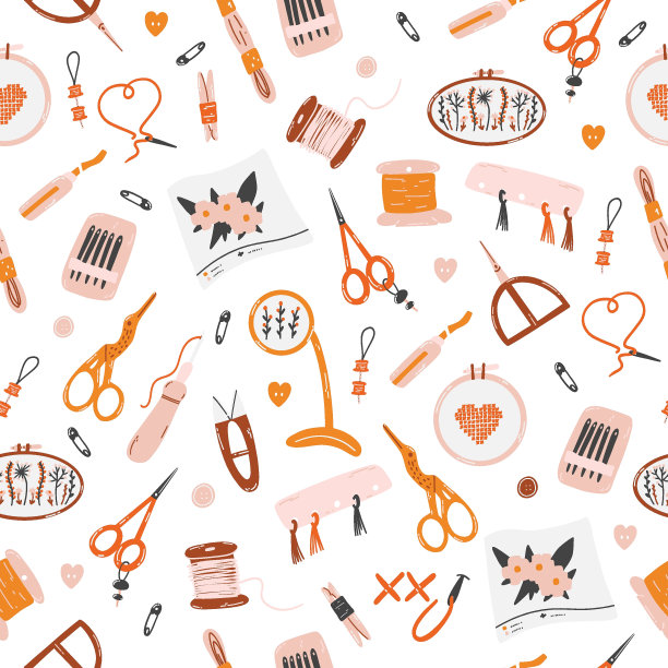 用剪刀、针、线、圈、线线、筒子等刺绣工具缝制无缝图案。有缝纫概念，刺绣手工艺爱好图片下载