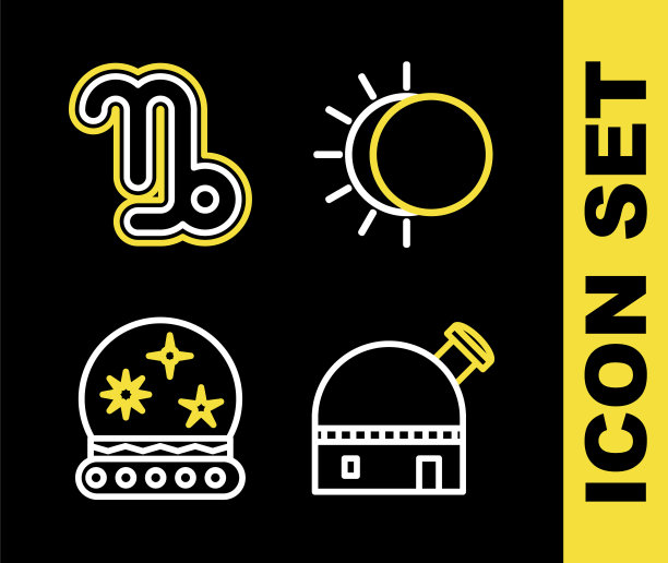 设置日蚀线，天文台，魔球和摩羯座星座图标。向量图片下载