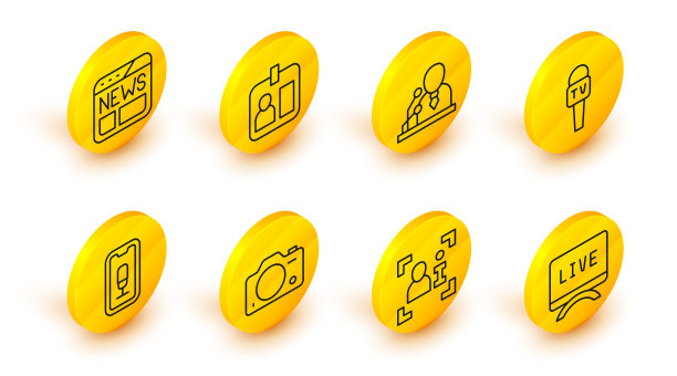 设置线现场报道，电视，照片相机，移动录音，麦克风，突发新闻，记者身份证和新闻图标。向量图片下载