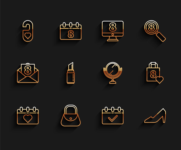 设置3月8日日历、手提包、请勿打扰爱心、女士鞋、口红、购物和圆形化妆镜图标矢量图片下载