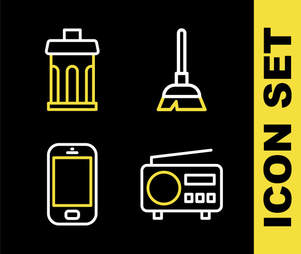 设置线柄扫帚，收音机，手机和垃圾桶图标。向量图片下载