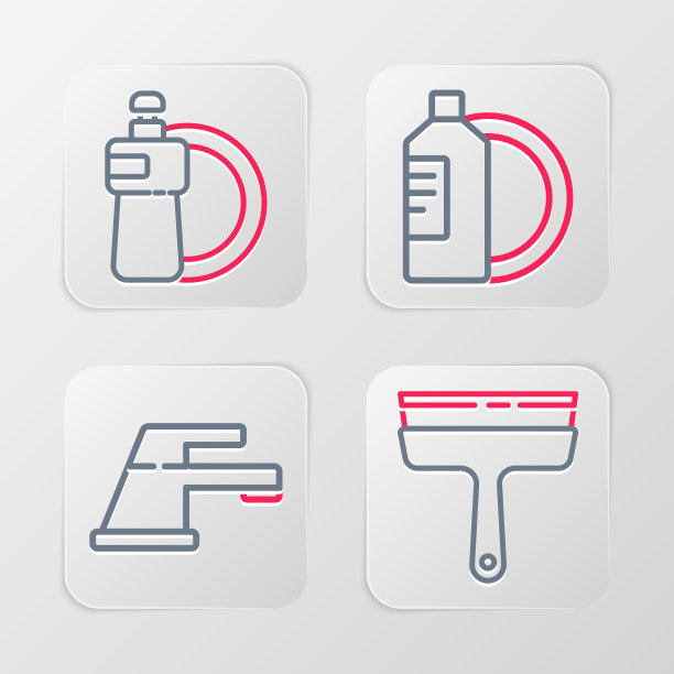 设置线橡胶清洗剂窗户，水龙头，洗洁精瓶和盘子和图标。向量图片下载