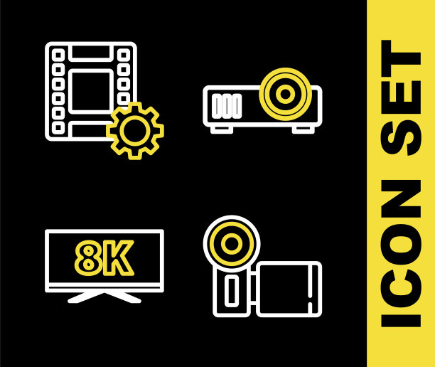 设置线媒体投影仪，影院摄像机，屏幕电视与8k和播放视频图标。向量图片下载