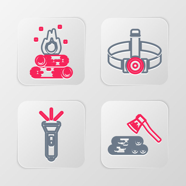 设置线木斧和木材，手电筒，手电筒和篝火图标。向量图片下载