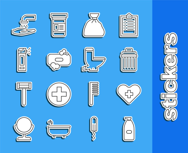 设置线瓶液体抗菌皂，心脏与十字架，垃圾桶，垃圾袋，酒吧，喷嘴喷雾，洗手和马桶图标。向量图片下载