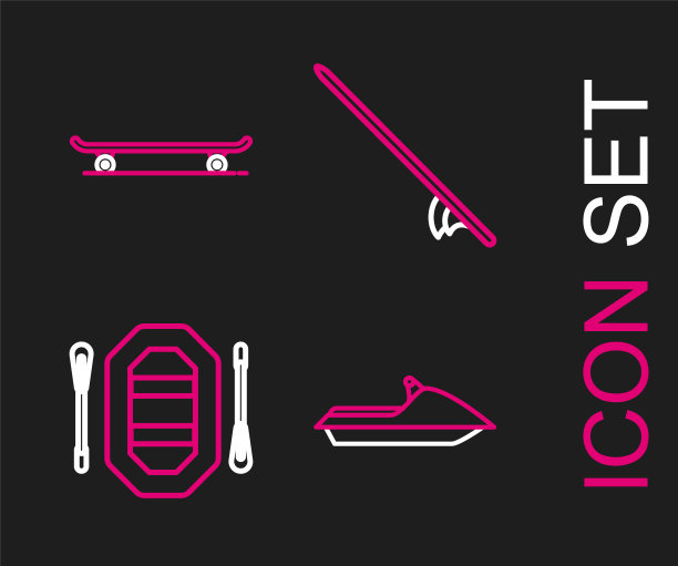 集线水上摩托，漂流船，冲浪板和滑板图标。向量图片下载