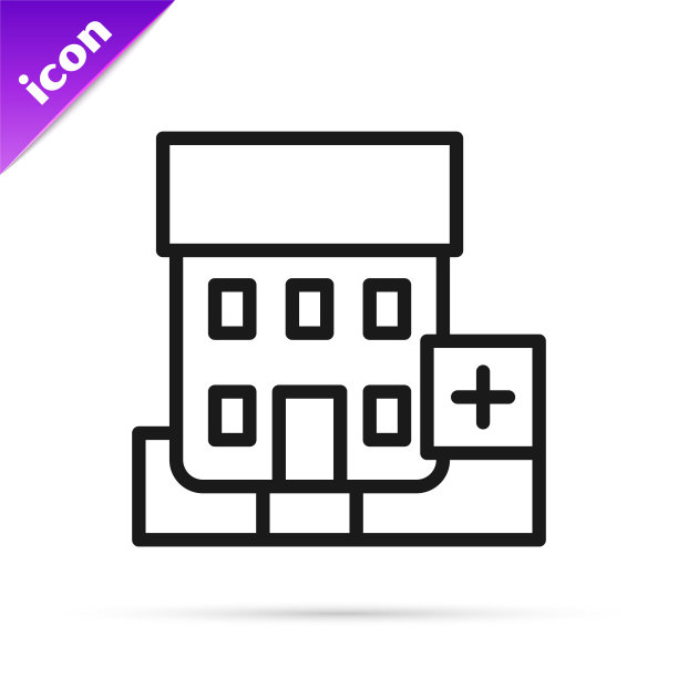 黑线医院大楼，白色背景上隔离着十字图标。医疗中心。卫生保健。向量图片下载