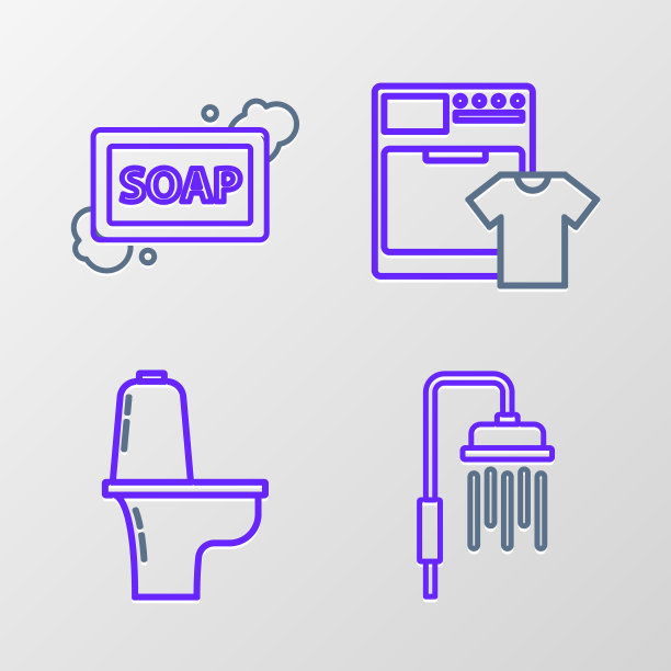 设置线淋浴头与水滴流动，马桶，洗衣机和t恤和肥皂泡沫图标。向量图片下载
