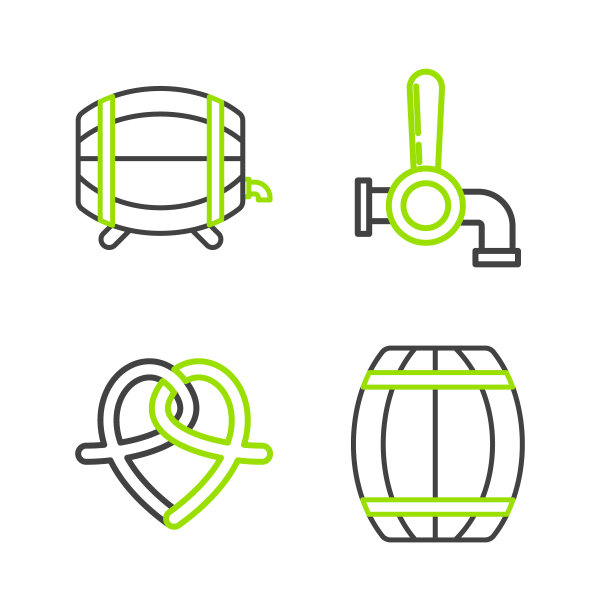 设置线木桶，椒盐卷饼，啤酒龙头和机架与旋塞图标。向量图片下载