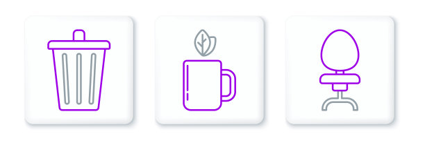 设置线办公椅，垃圾桶和杯茶和叶子图标。向量图片下载