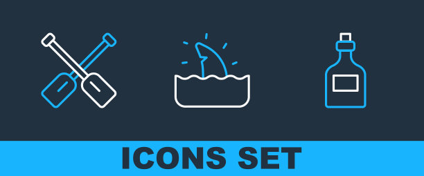 设置线朗姆酒瓶，桨和鲨鱼鳍在海浪图标。向量图片下载