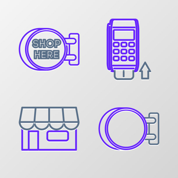 设置行招牌悬挂，购物大楼或市场商店，Pos终端插入信用卡和铭文商店这里的图标。向量图片下载
