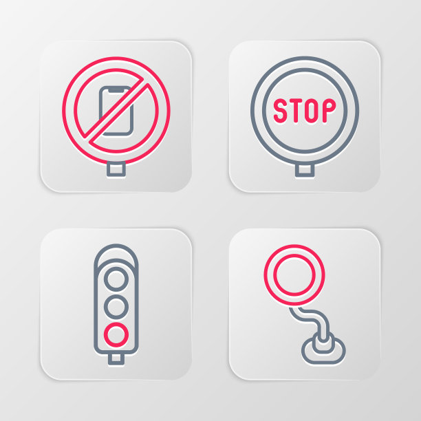 设置行道路交通标志，交通灯，停止和禁止手机图标。向量图片下载
