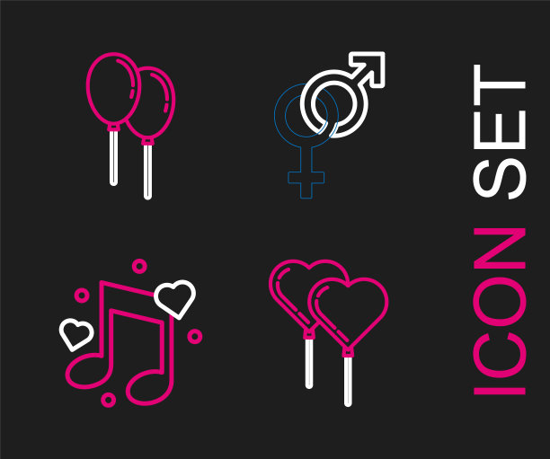 设置线气球的形式与丝带，音乐音符，语气心脏，性别和图标。向量图片下载