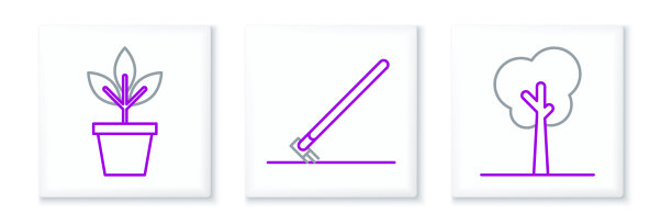 设置线树，花在花盆和花园耙工作图标。向量图片下载