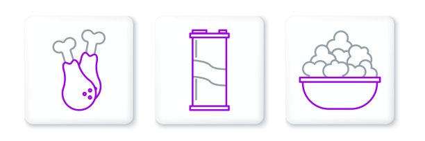 设置线爆米花在碗，鸡腿和汽水罐图标。向量图片下载