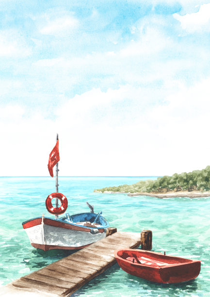 在码头附近划船。手绘水彩插图图片下载