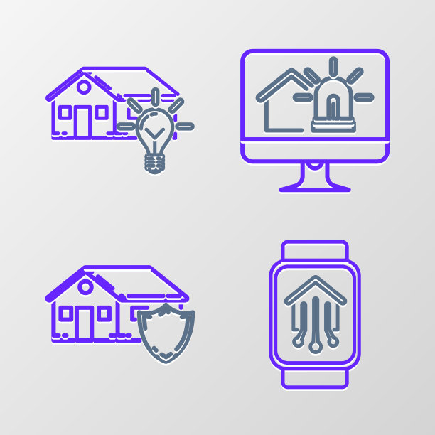 设置线智能家居与智能手表，保护房屋，电脑监控房屋和报警和灯泡图标。向量图片下载