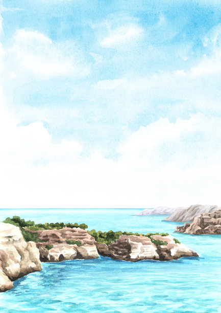 海悬崖，海岸岩石，手绘水彩插图和背景图片下载