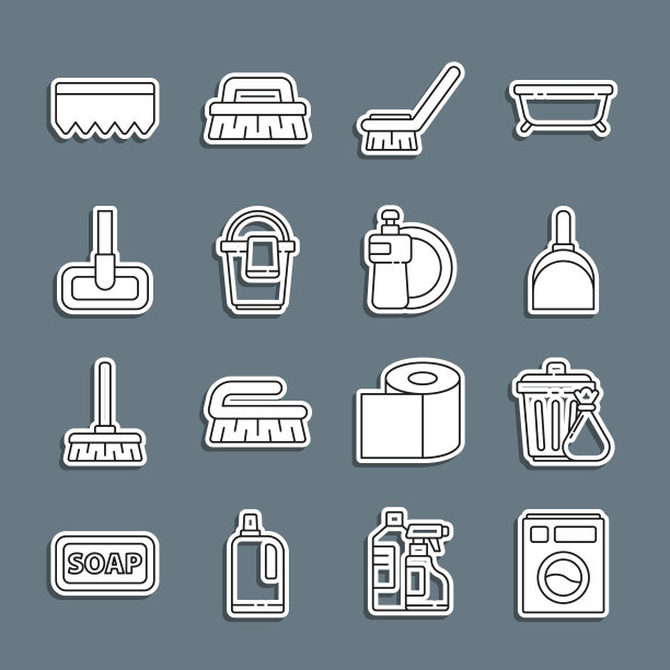 设置线洗衣机，垃圾桶和垃圾袋，簸箕，清洁刷，桶与抹布，拖把，海绵泡泡和洗碗液瓶盘图标。向量图片下载