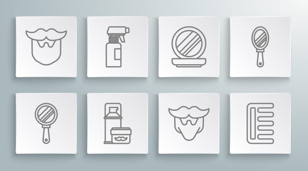 设置线手镜，理发师手枪喷雾瓶，剃须凝胶泡沫，胡子，胡子，梳子，化妆粉用，和图标。向量图片下载