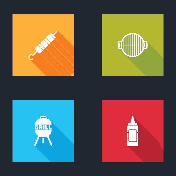设置烤羊肉串，烧烤架和芥末瓶图标。向量图片下载