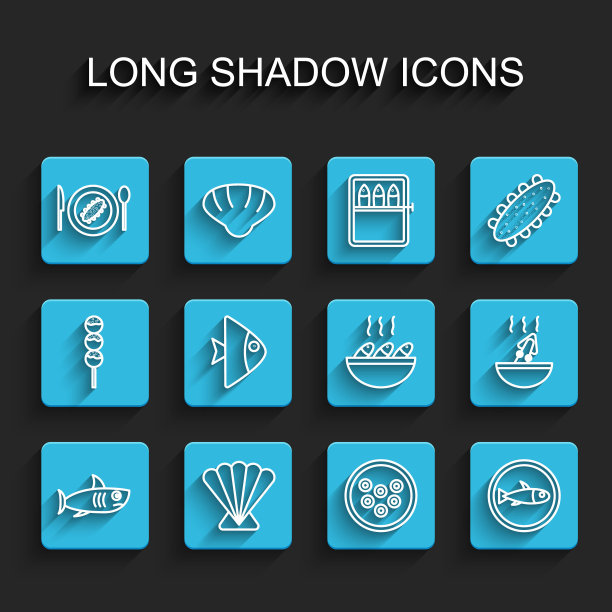 集线鲨鱼，扇贝海贝壳，黄瓜盘，鱼子酱，鱼，鱼，汤与章鱼和汤图标。向量图片下载