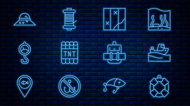 集线救生圈，水上渔船，折叠地图，引爆炸药炸弹棒，弹簧秤，渔夫帽，徒步背包和旋转卷轴为钓鱼图标。向量图片下载