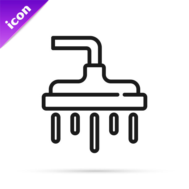 黑线淋浴头与水滴流动的图标隔离在白色背景上。向量图片下载