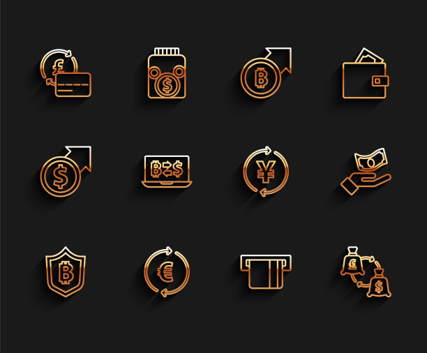 设置线盾与比特币，硬币货币欧元符号，信用卡，插入，货币交换，加密货币，手握和日元图标。向量图片下载