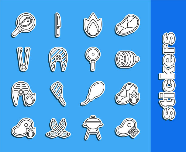 设置线新鲜冷冻牛排肉，烤和火焰，腊肠香肠，火，鱼，肉钳，牛排在煎锅和煎图标。向量图片下载